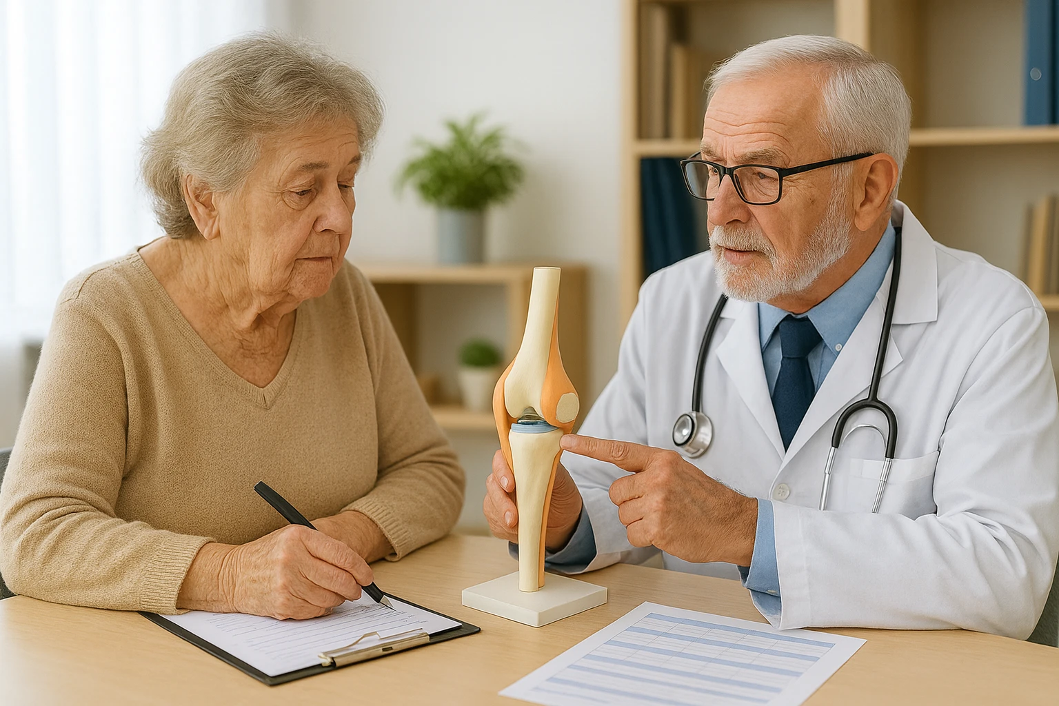 Patiente et médecin organisant les examens et rendez-vous avant une prothèse du genou